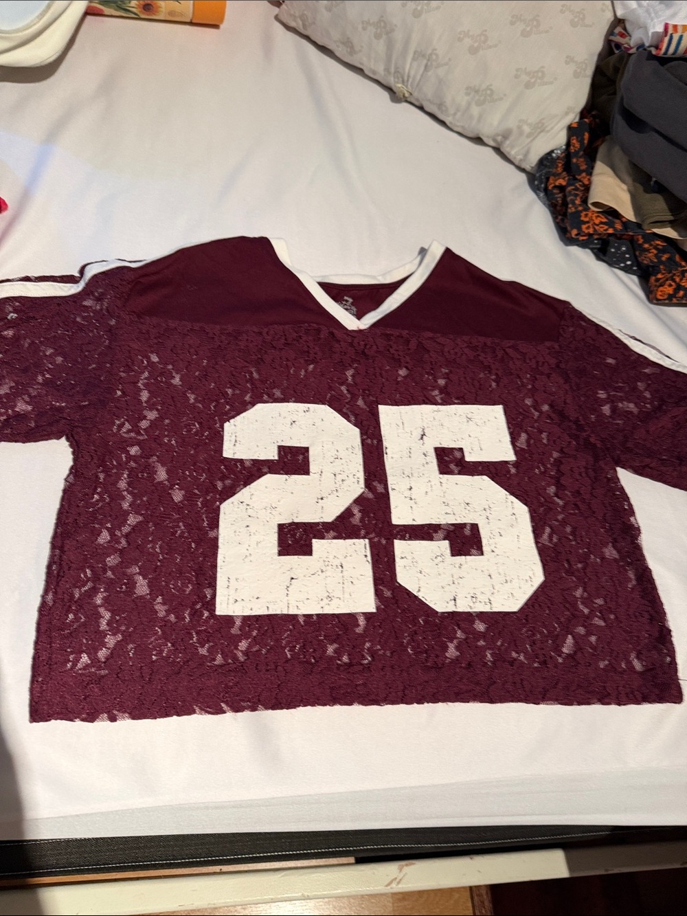 Women's Lace Overlay Crop Top with Number Graphic - Maroon